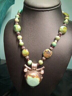 G46. Southwest 925 Sterling Silver Turquoise Necklace W Pearl & Garnet, 16"